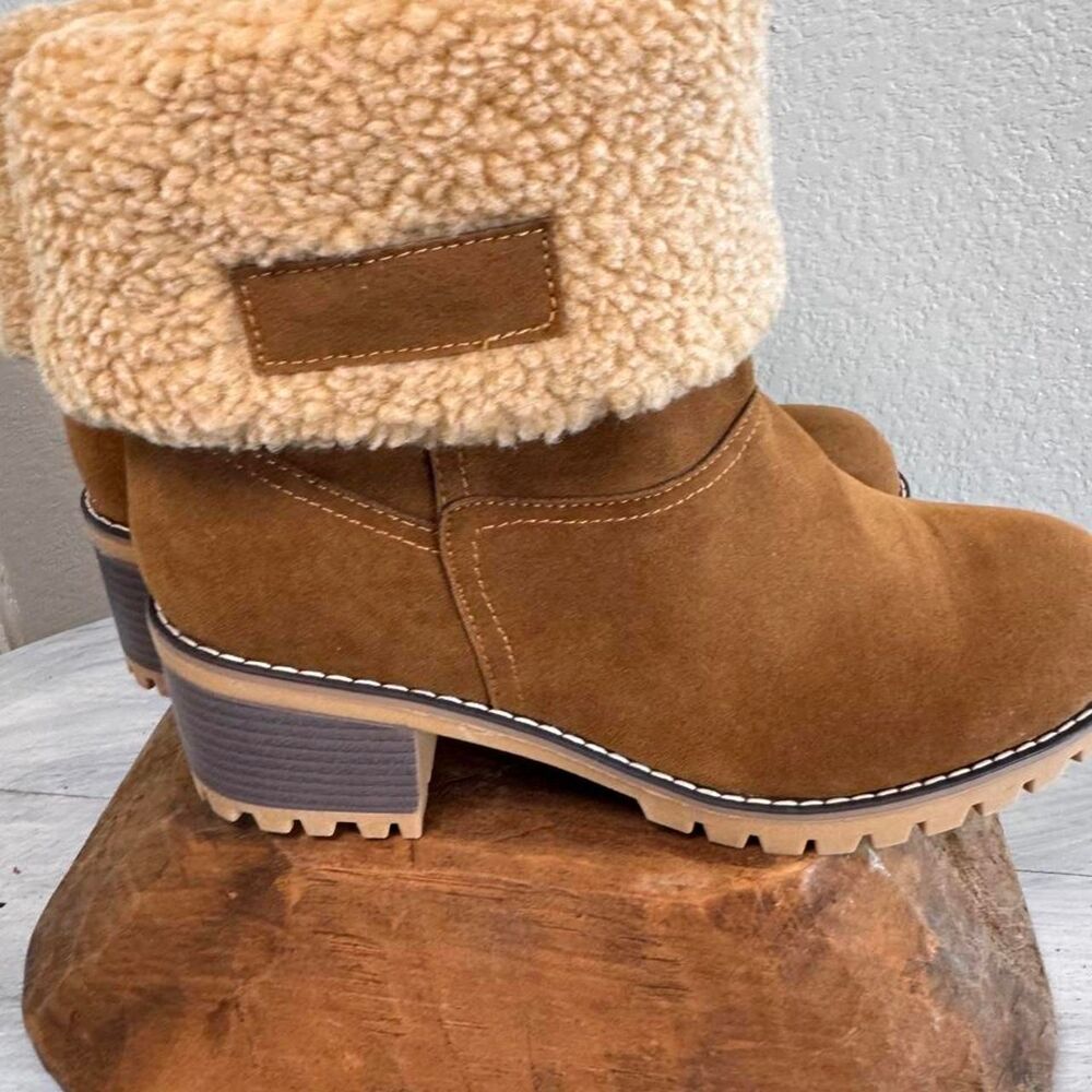 Tan Suede Fur Lined Boots Women's Shearling Winter‎ Ankle Boot Cozy Warm